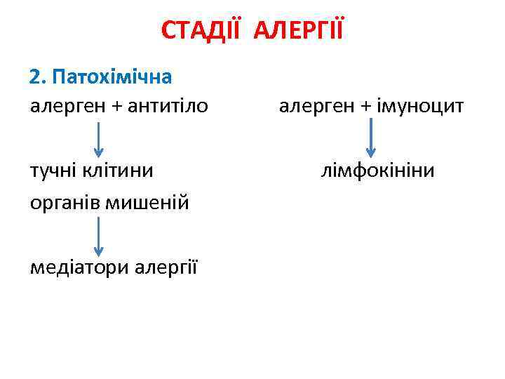 СТАДІЇ АЛЕРГІЇ 2. Патохімічна алерген + антитіло алерген + імуноцит тучні клітини лімфокініни органів