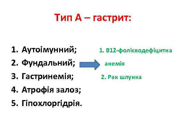 Тип А – гастрит: 1. 2. 3. 4. 5. Аутоімунний; Фундальний; Гастринемія; Атрофія залоз;