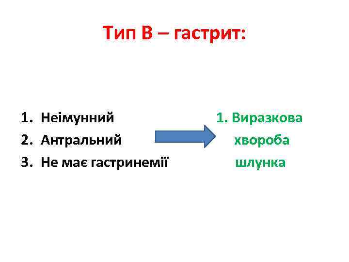 Тип В – гастрит: 1. Неімунний 2. Антральний 3. Не має гастринемії 1. Виразкова