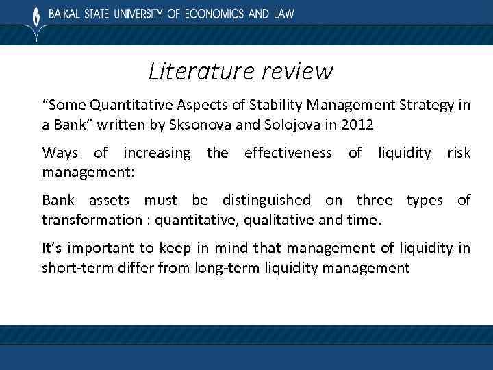 Literature review “Some Quantitative Aspects of Stability Management Strategy in a Bank” written by