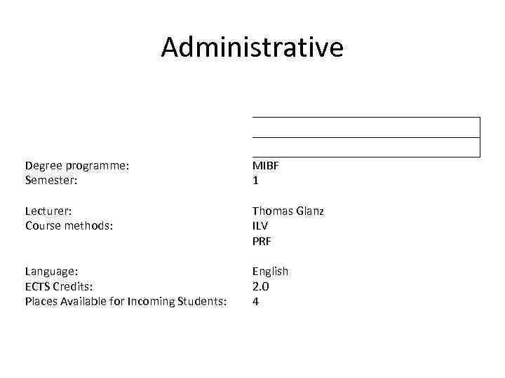 Administrative Degree programme: Semester: Lecturer: Course methods: MIBF 1 Thomas Glanz ILV PRF Language: