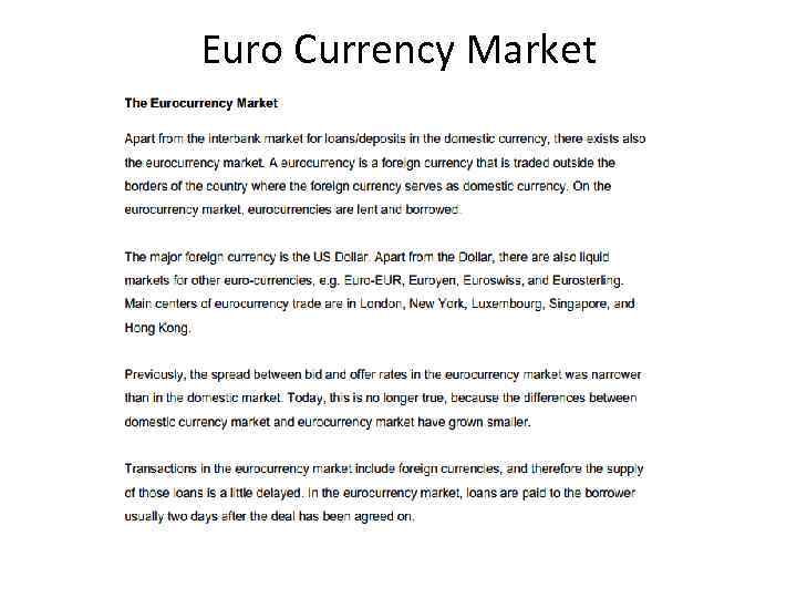 Euro Currency Market 