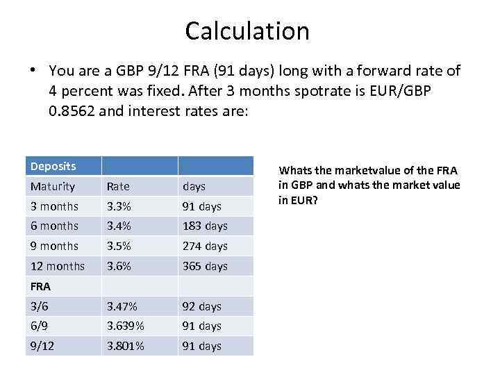 Calculation • You are a GBP 9/12 FRA (91 days) long with a forward