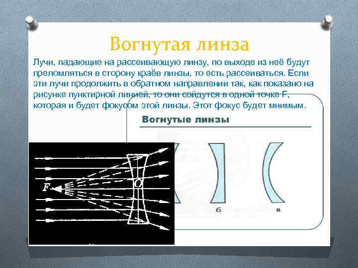 Вогнутая линза Лучи, падающие на рассеивающую линзу, по выходе из неё будут преломляться в