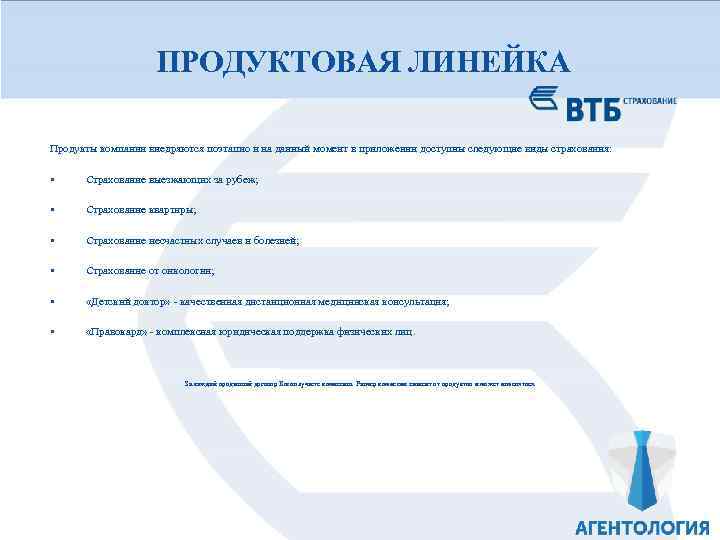ПРОДУКТОВАЯ ЛИНЕЙКА Продукты компании внедряются поэтапно и на данный момент в приложении доступны следующие
