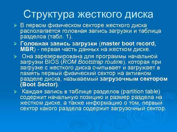 Структура жесткого диска В первом физическом секторе жесткого диска располагается головная запись загрузки и