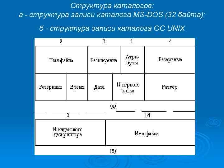 Структура каталогов: а - структура записи каталога MS-DOS (32 байта); б - структура записи