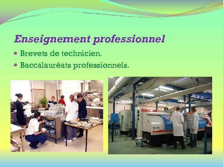 Enseignement professionnel Brevets de technicien. Baccalauréats professionnels. 