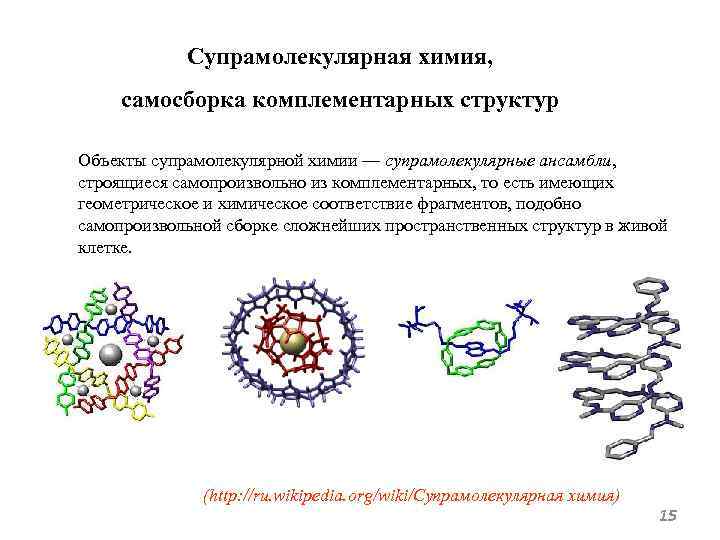 Супрамолекулярная химия, самосборка комплементарных структур Объекты супрамолекулярной химии — супрамолекулярные ансамбли, строящиеся самопроизвольно из