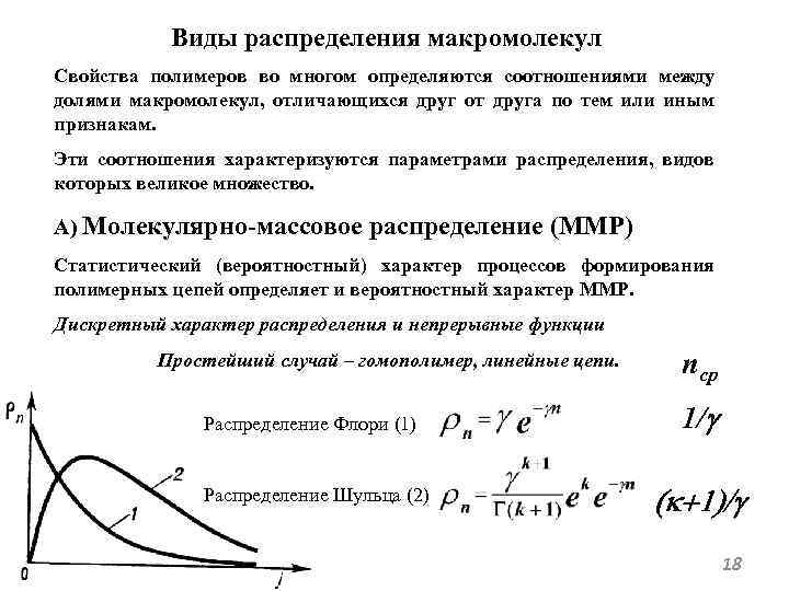 Виды распределения макромолекул Свойства полимеров во многом определяются соотношениями между долями макромолекул, отличающихся друг