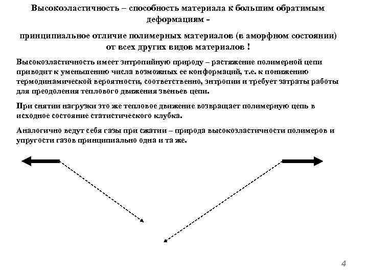 Высокоэластичность – способность материала к большим обратимым деформациям - принципиальное отличие полимерных материалов (в