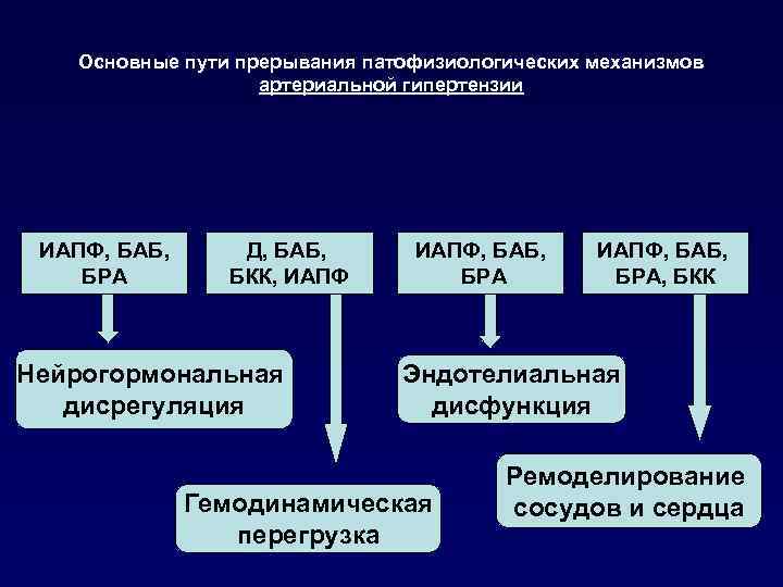 Основные пути прерывания патофизиологических механизмов артериальной гипертензии ИАПФ, БАБ, БРА Д, БАБ, БКК, ИАПФ