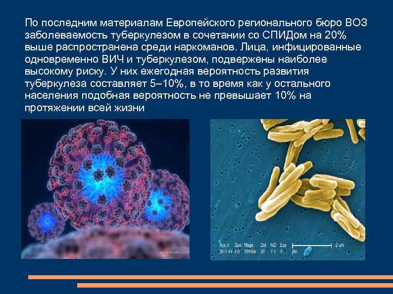 По последним материалам Европейского регионального бюро ВОЗ заболеваемость туберкулезом в сочетании со СПИДом на