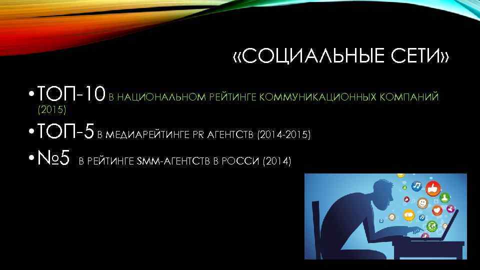  «СОЦИАЛЬНЫЕ СЕТИ» • ТОП-10 В НАЦИОНАЛЬНОМ РЕЙТИНГЕ КОММУНИКАЦИОННЫХ КОМПАНИЙ (2015) • ТОП-5 В