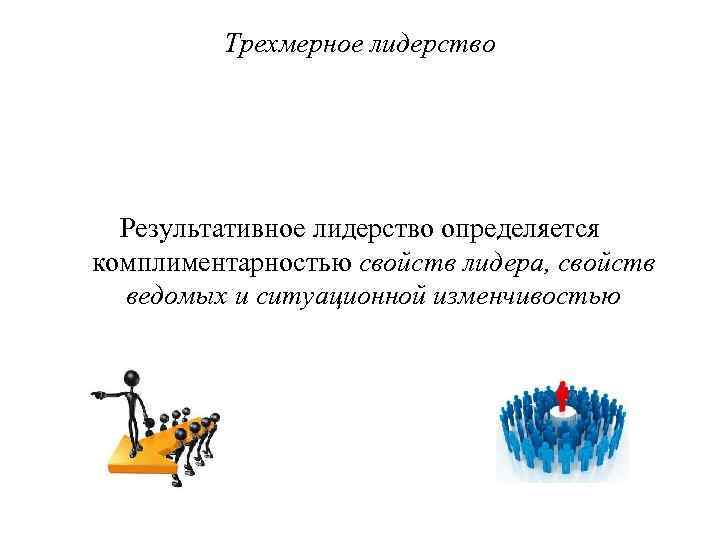 Трехмерное лидерство Результативное лидерство определяется комплиментарностью свойств лидера, свойств ведомых и ситуационной изменчивостью 