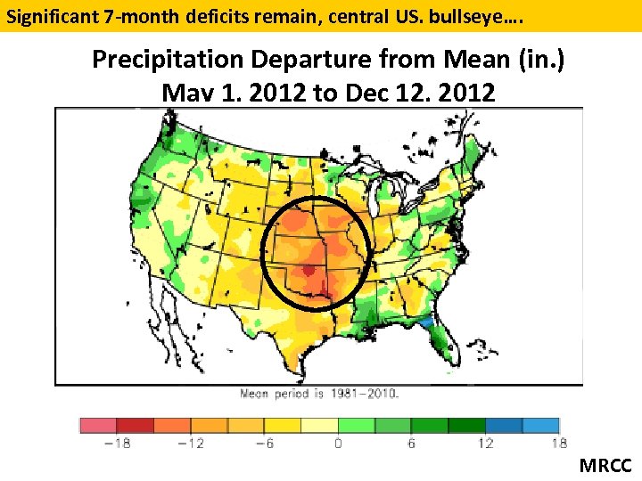 Significant 7 -month deficits remain, central US. bullseye…. Precipitation Departure from Mean (in. )