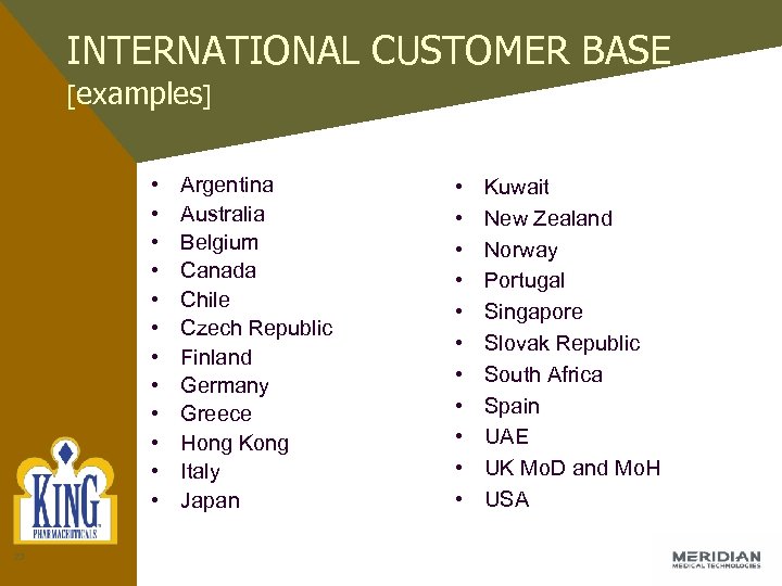 INTERNATIONAL CUSTOMER BASE [examples] • • • 23 Argentina Australia Belgium Canada Chile Czech