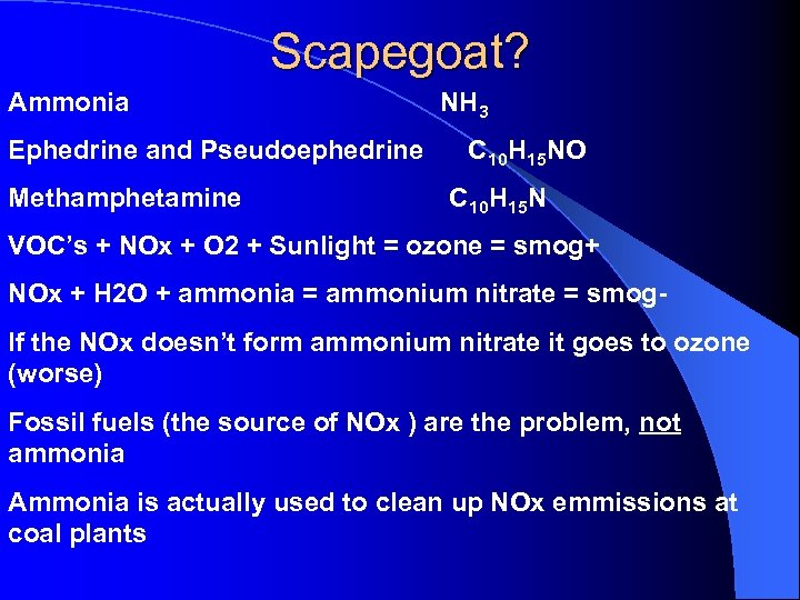 Scapegoat? Ammonia Ephedrine and Pseudoephedrine Methamphetamine NH 3 C 10 H 15 NO C