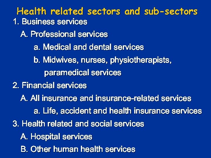 Health related sectors and sub-sectors 1. Business services A. Professional services a. Medical and