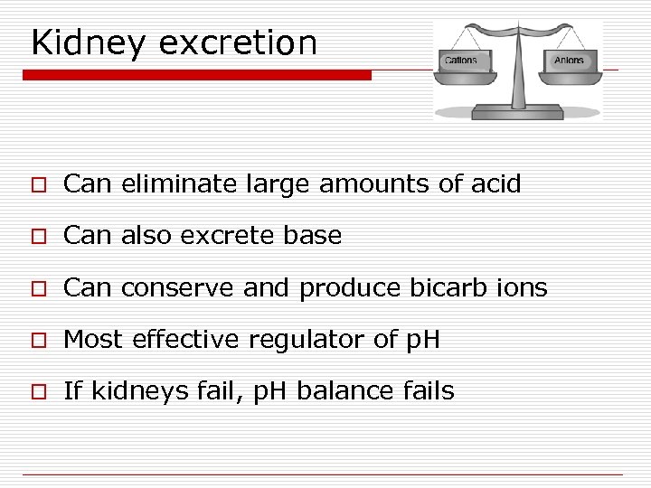 Kidney excretion o Can eliminate large amounts of acid o Can also excrete base