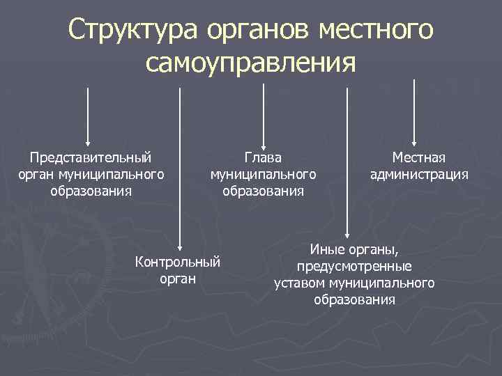 Структура органов местного самоуправления Представительный орган муниципального образования Глава муниципального образования Контрольный орган Местная