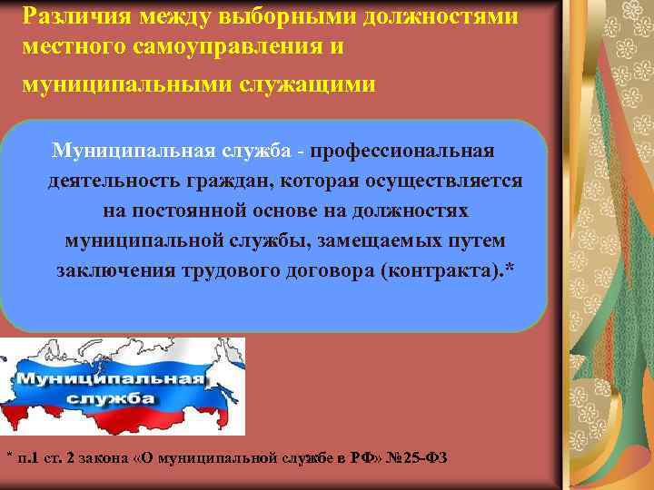 Различия между выборными должностями местного самоуправления и муниципальными служащими Муниципальная служба - профессиональная деятельность
