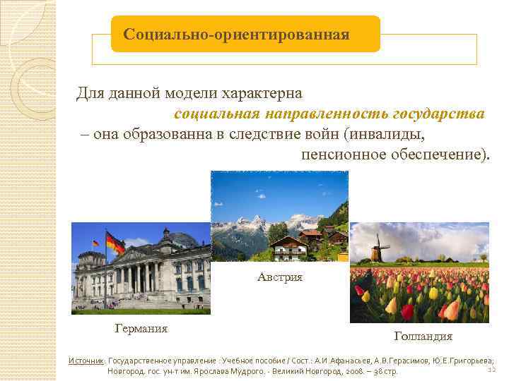 Социально-ориентированная Для данной модели характерна социальная направленность государства – она образованна в следствие войн