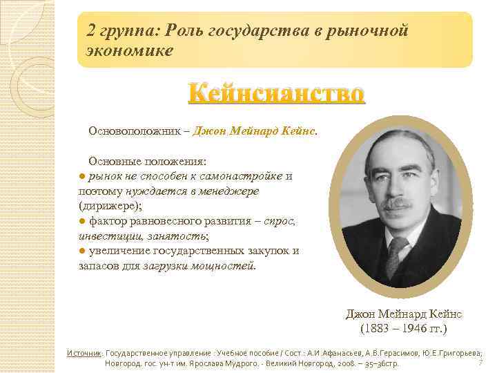 2 группа: Роль государства в рыночной экономике Кейнсианство Основоположник – Джон Мейнард Кейнс. Основные