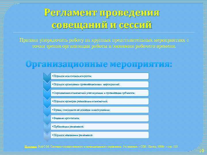 Регламент проведения совещаний и сессий Призван упорядочить работу на крупных представительных мероприятиях с точки