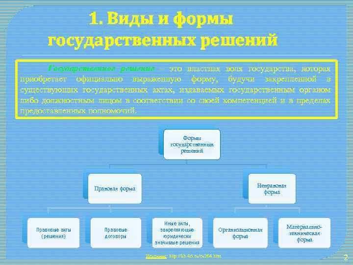 1. Виды и формы государственных решений Государственное решение – это властная воля государства, которая