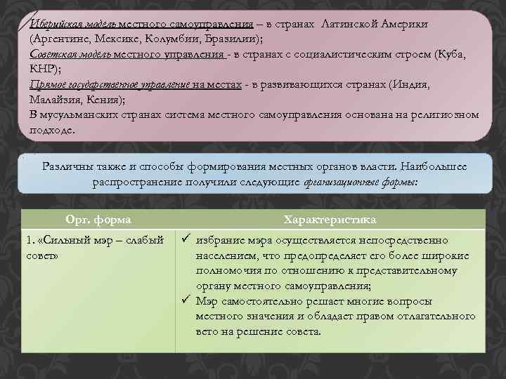 Иберийская модель местного самоуправления – в странах Латинской Америки (Аргентине, Мексике, Колумбии, Бразилии); Советская