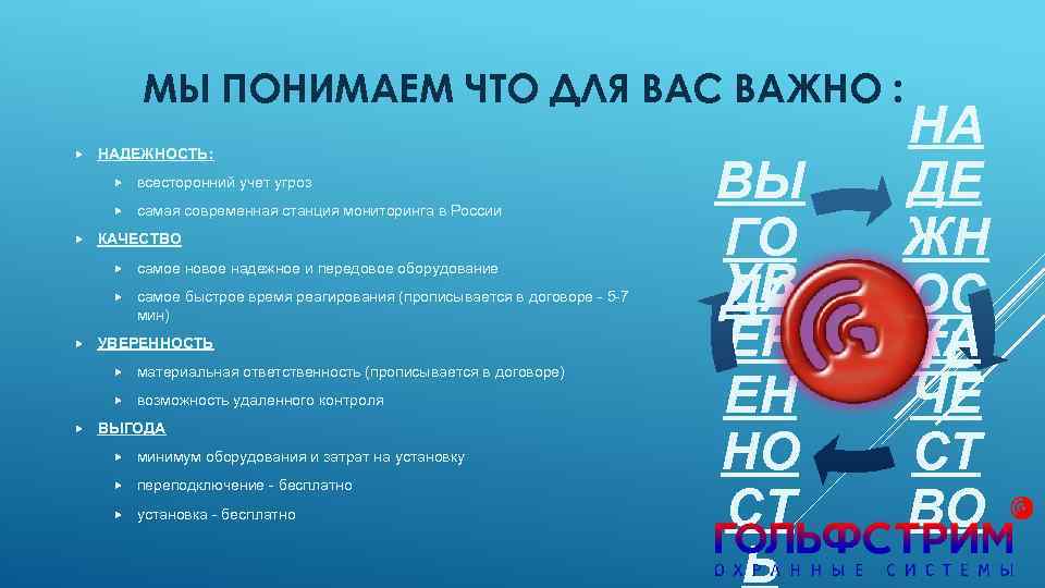 МЫ ПОНИМАЕМ ЧТО ДЛЯ ВАС ВАЖНО : НАДЕЖНОСТЬ: всесторонний учет угроз самая современная станция