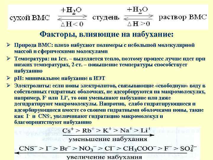 Факторы, влияющие на набухание: Ø Природа ВМС: плохо набухают полимеры с небольшой молекулярной массой