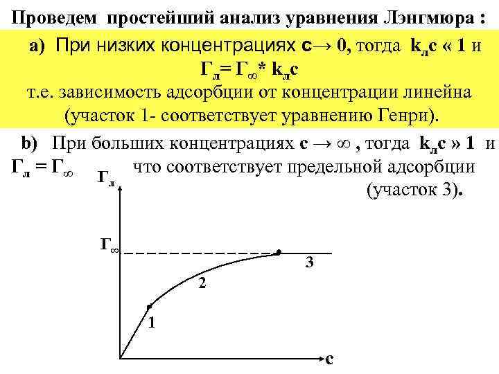 Проведем простейший анализ уравнения Лэнгмюра : a) При низких концентрациях с→ 0, тогда kлc