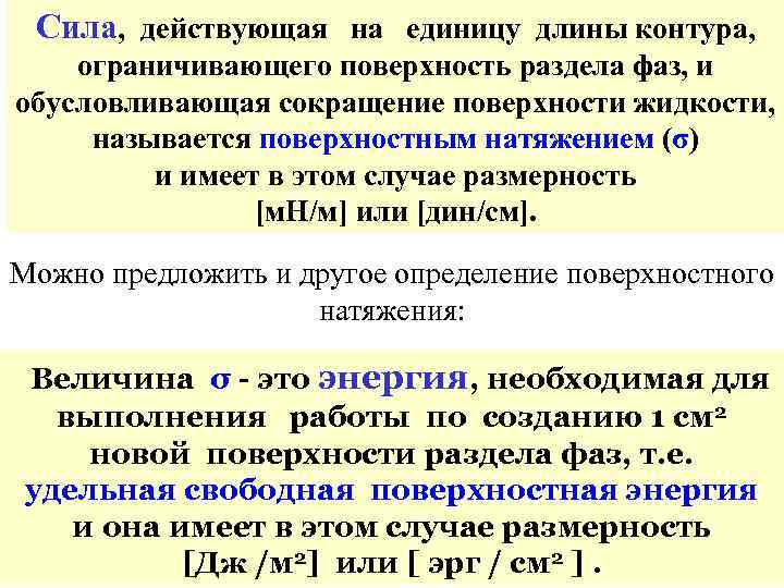 Сила, действующая на единицу длины контура, ограничивающего поверхность раздела фаз, и обусловливающая сокращение поверхности