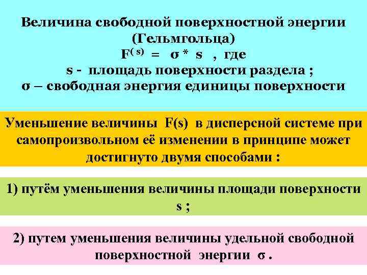 Величина свободной поверхностной энергии (Гельмгольца) F( s) = σ * s , где s