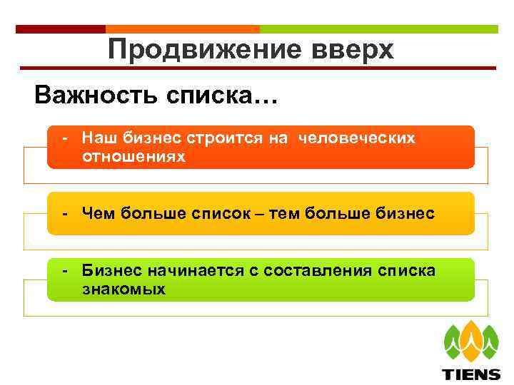 Продвижение вверх Важность списка… - Наш бизнес строится на человеческих отношениях - Чем больше