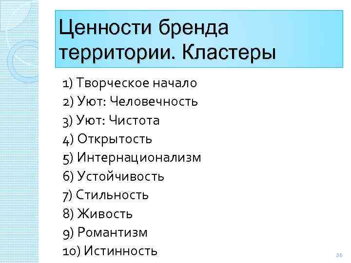Ценности бренда территории. Кластеры 1) Творческое начало 2) Уют: Человечность 3) Уют: Чистота 4)