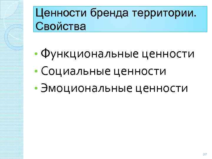 Ценности бренда территории. Свойства • Функциональные ценности • Социальные ценности • Эмоциональные ценности 37