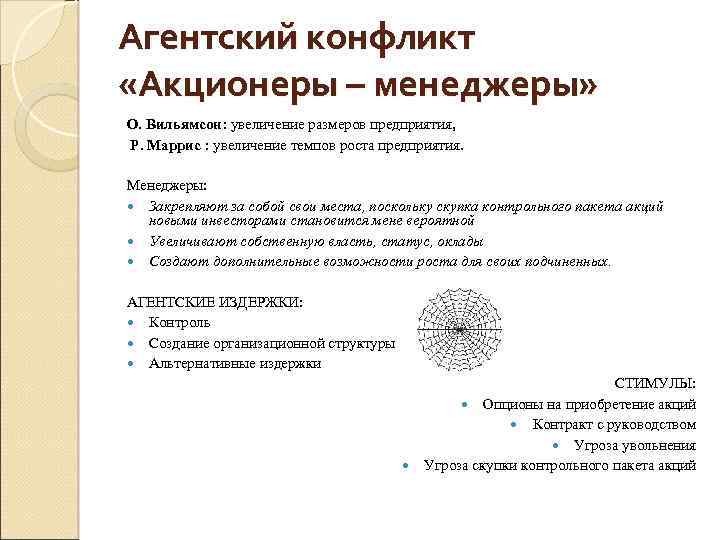 Агентский конфликт «Акционеры – менеджеры» О. Вильямсон: увеличение размеров предприятия, Р. Маррис : увеличение