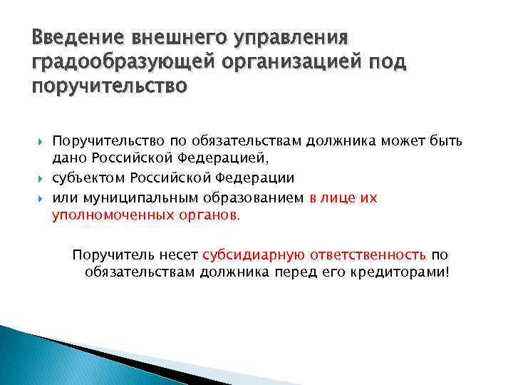 Введение внешнего управления градообразующей организацией под поручительство Поручительство по обязательствам должника может быть дано