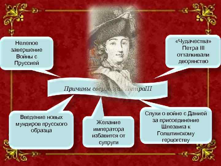  «Чудачества» Петра III отталкивали дворянство Нелепое завершение Войны с Пруссией Причины свержения Петра.