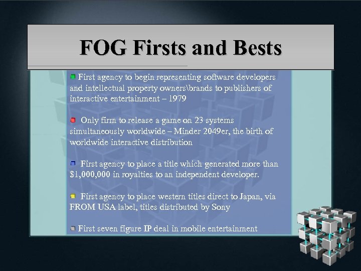 FOG Firsts and Bests First agency to begin representing software developers and intellectual property