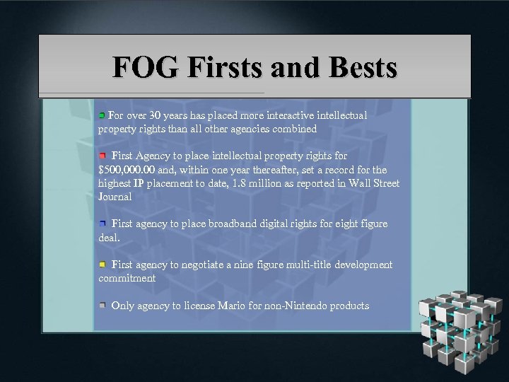 FOG Firsts and Bests For over 30 years has placed more interactive intellectual property