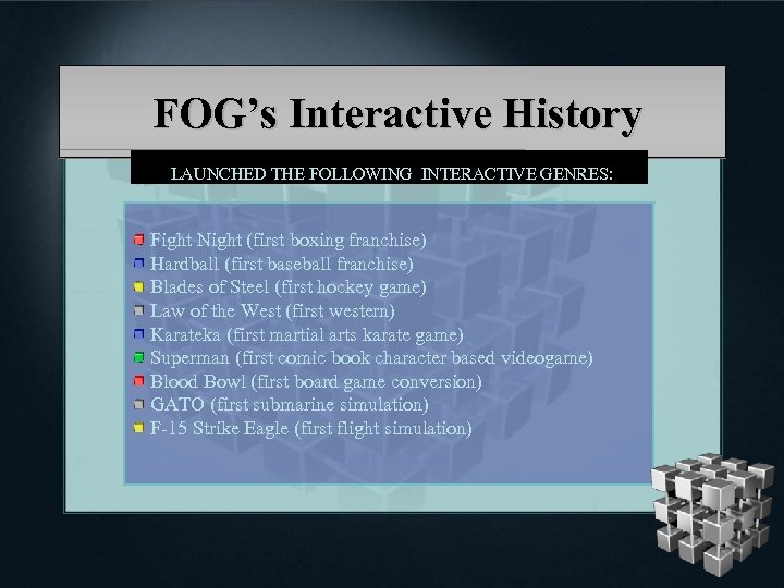 FOG’s Interactive History LAUNCHED THE FOLLOWING INTERACTIVE GENRES: Fight Night (first boxing franchise) Hardball