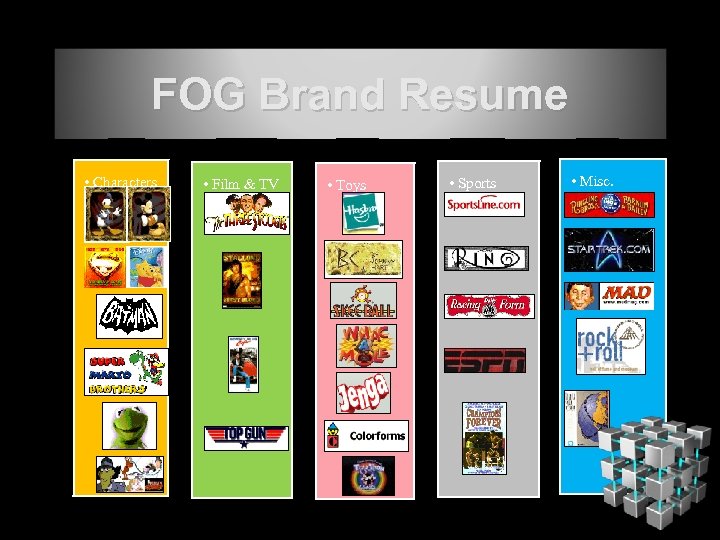 FOG Brand Resume • Characters • Film & TV • Toys • Sports •