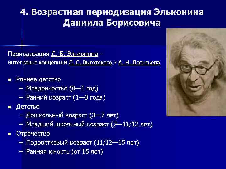 4. Возрастная периодизация Эльконина Даниила Борисовича Периодизация Д. Б. Эльконина интеграци. Я концепций Л.
