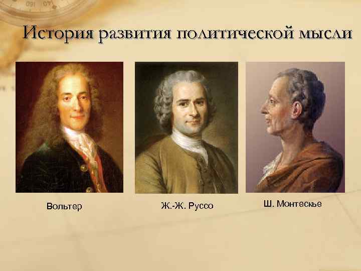 История развития политической мысли Вольтер Ж. -Ж. Руссо Ш. Монтескье 