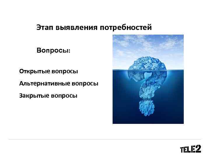 Этап выявления потребностей Вопросы: Открытые вопросы Альтернативные вопросы Закрытые вопросы 