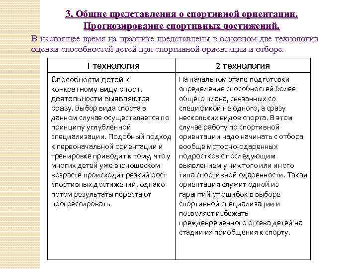 3. Общие представления о спортивной ориентации. Прогнозирование спортивных достижений. В настоящее время на практике